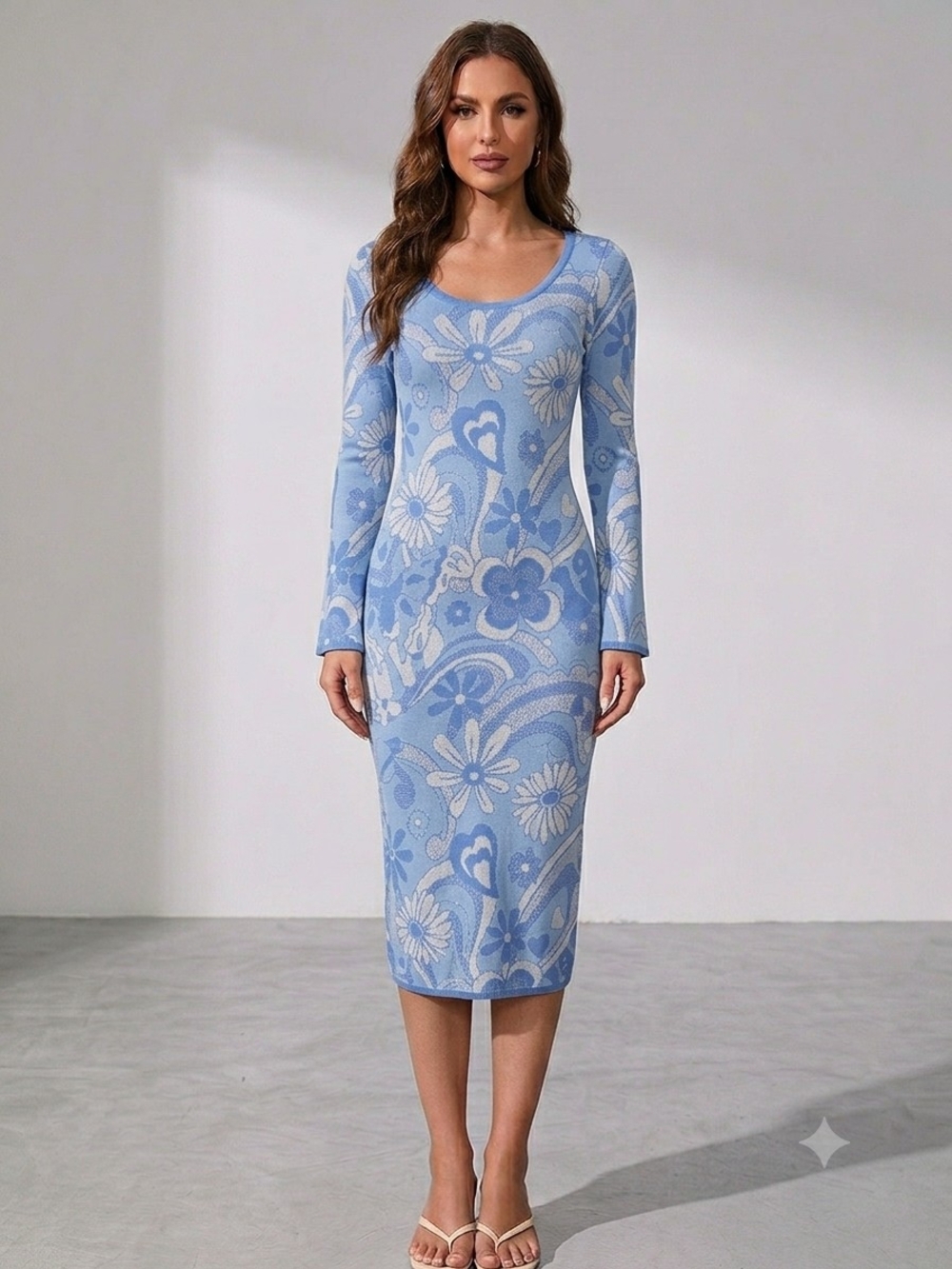 Light Blue Floral Scoop-Neck Knit Midi Dress